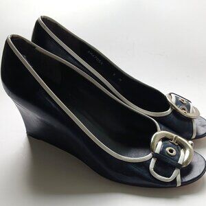 STUART WEITZMAN Blue White Trim Leather Open Toe Wedge Buckle Shoes Size 9 M